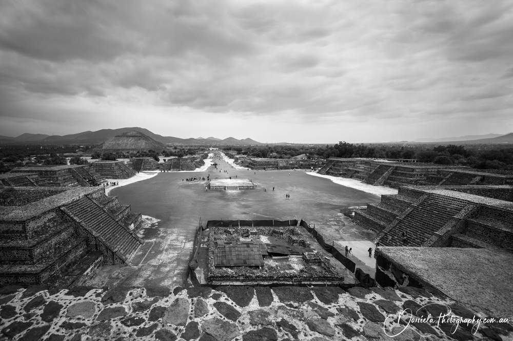 Teotihuacán view in BW Avenue of the Dead  ancient ruins and vast archeological site, Mexico